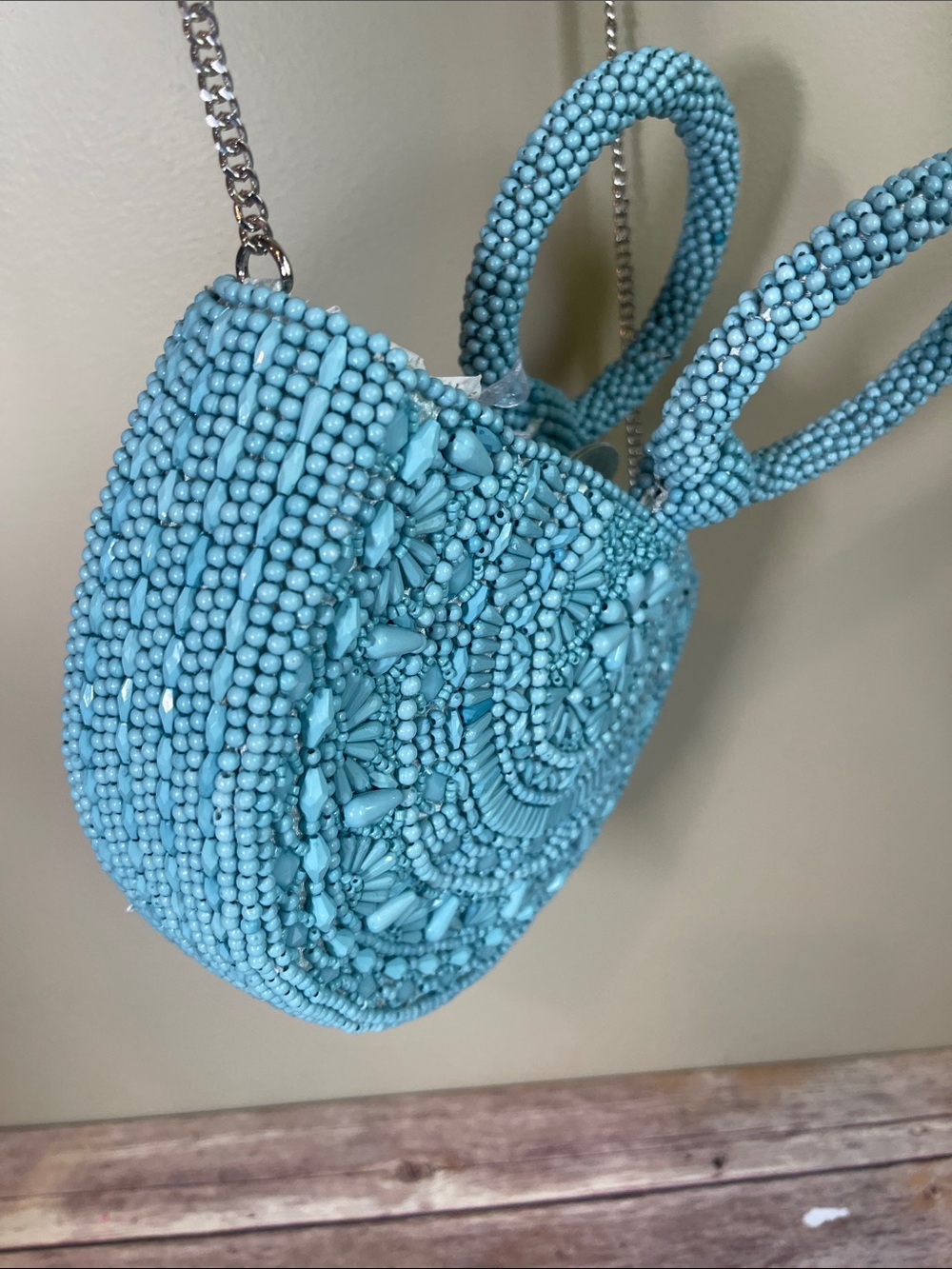 Handcrafted Turquoise Beaded Half-Moon Mini Bag - Picture 9 of 10